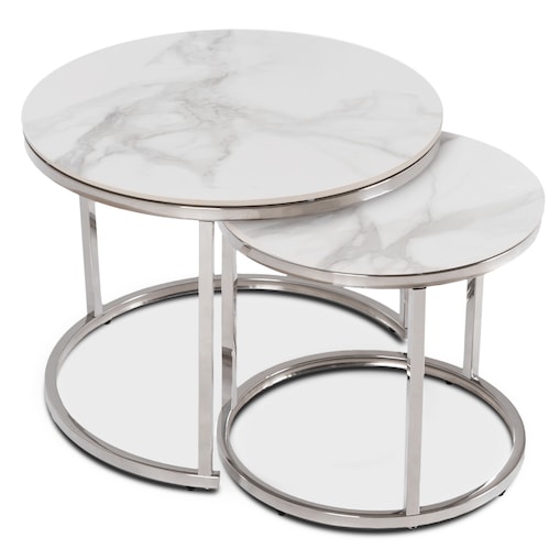 Stolik Kawowy Okrągły Zestaw 2w1 Ława Glamour Marmur Biały Srebrny AMARA