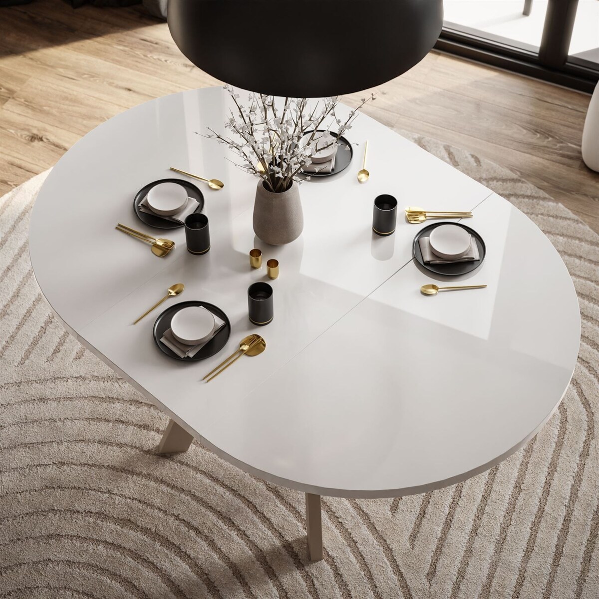 Okrągły stół rozkładany VOLTA GLOSS, nogi kaszmir, blat biały