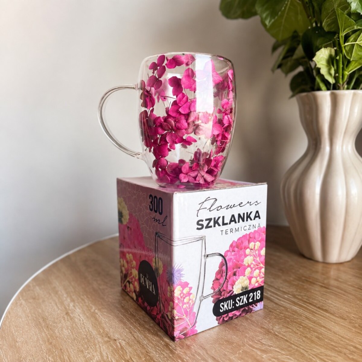 Szklanka termiczna z kwiatami w środku 300ml 1szt, pełna hortensji, burgund bordo SZK218
