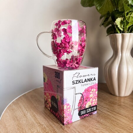Szklanka termiczna z kwiatami w środku 300ml 1szt, pełna hortensji, burgund bordo SZK218