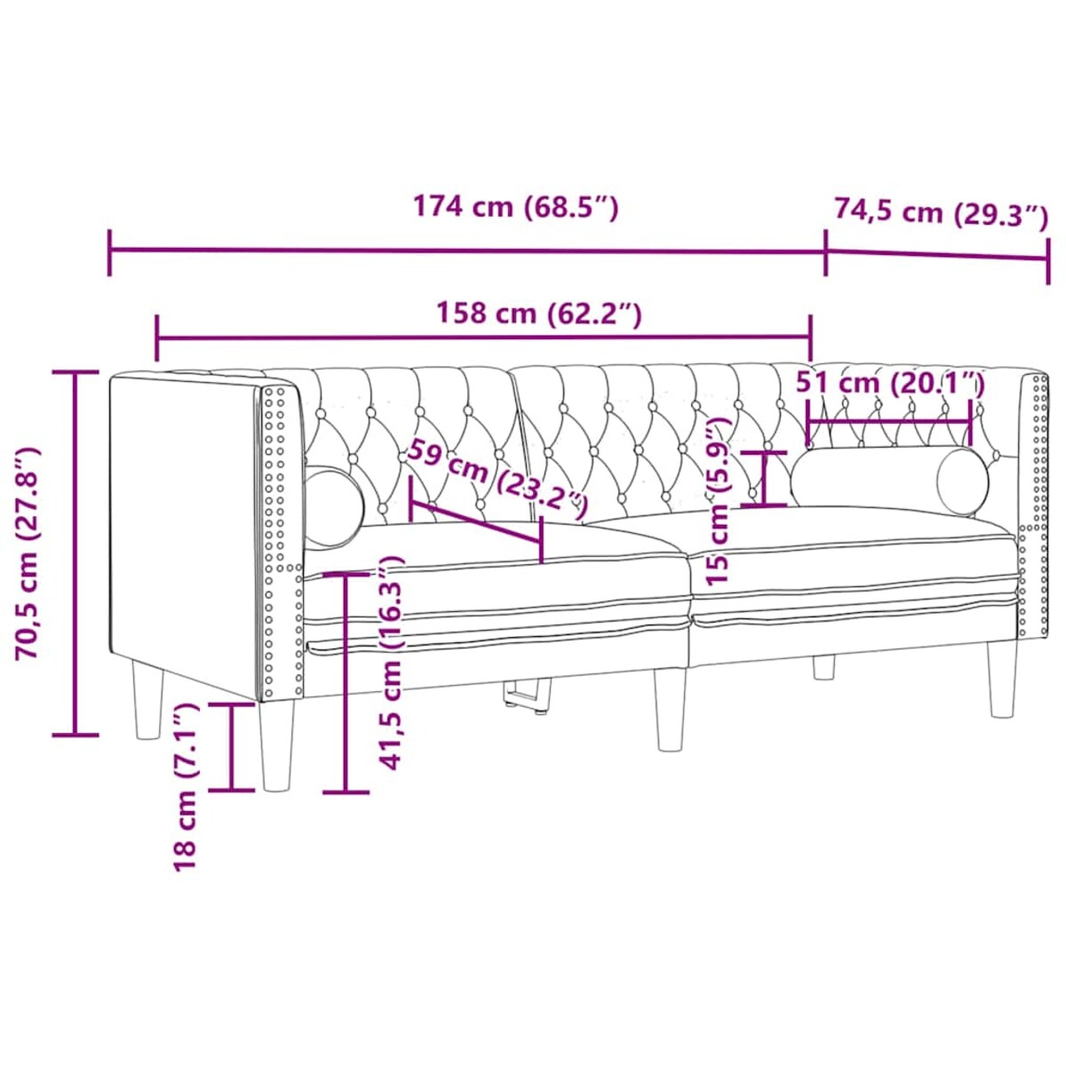 vidaXL Sofa Chesterfield z wałkami, dwuosobowa, bordowa, aksamit