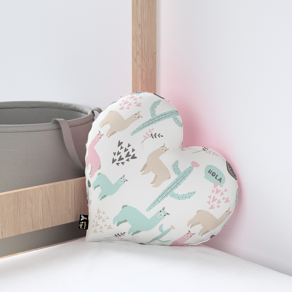 Poduszka Heart of Love z minky, pastelowe lamy na jasnoszarym tle, 45x15x45cm, Magic Collection