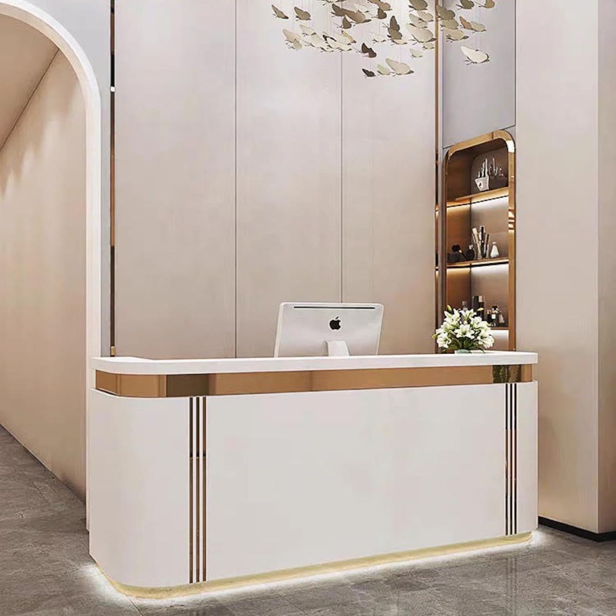 Nowoczesna biała złota lada sklepowa / recepcja Exclusive White 140x60x115 / do sklepu / do hotelu / do salonu