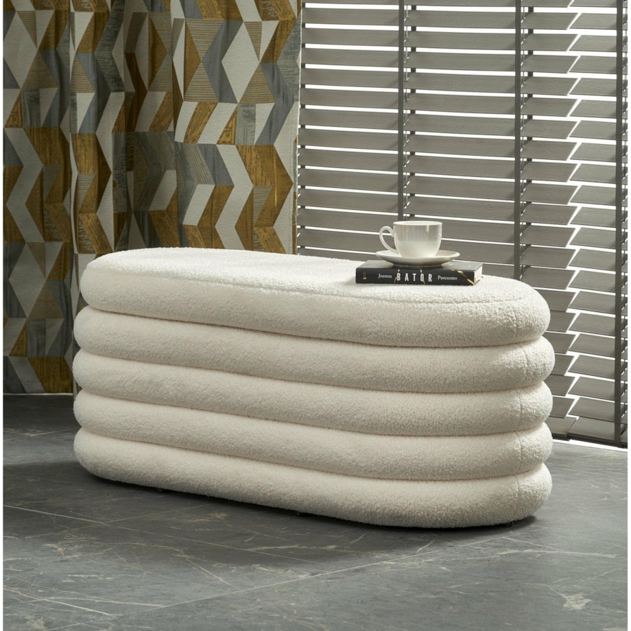 ŁAWKA ZE SCHOWKIEM Lessi kremowa TKANINA BOUCLE owalna