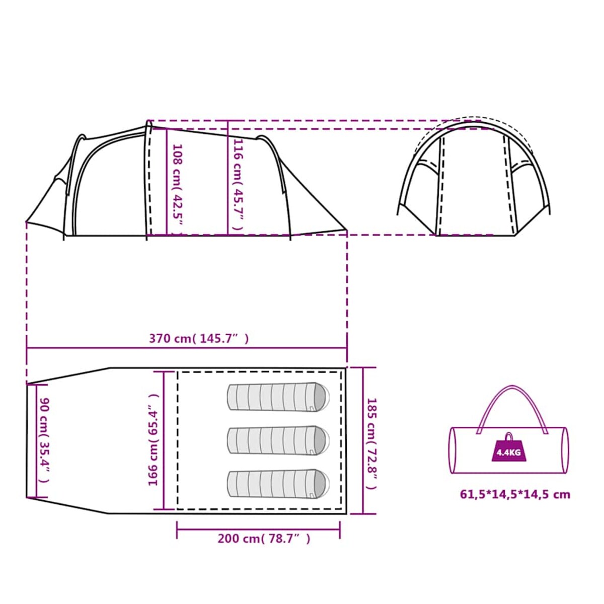 vidaXL Namiot turystyczny, tunelowy, 3-os., niebieski, wodoszczelny