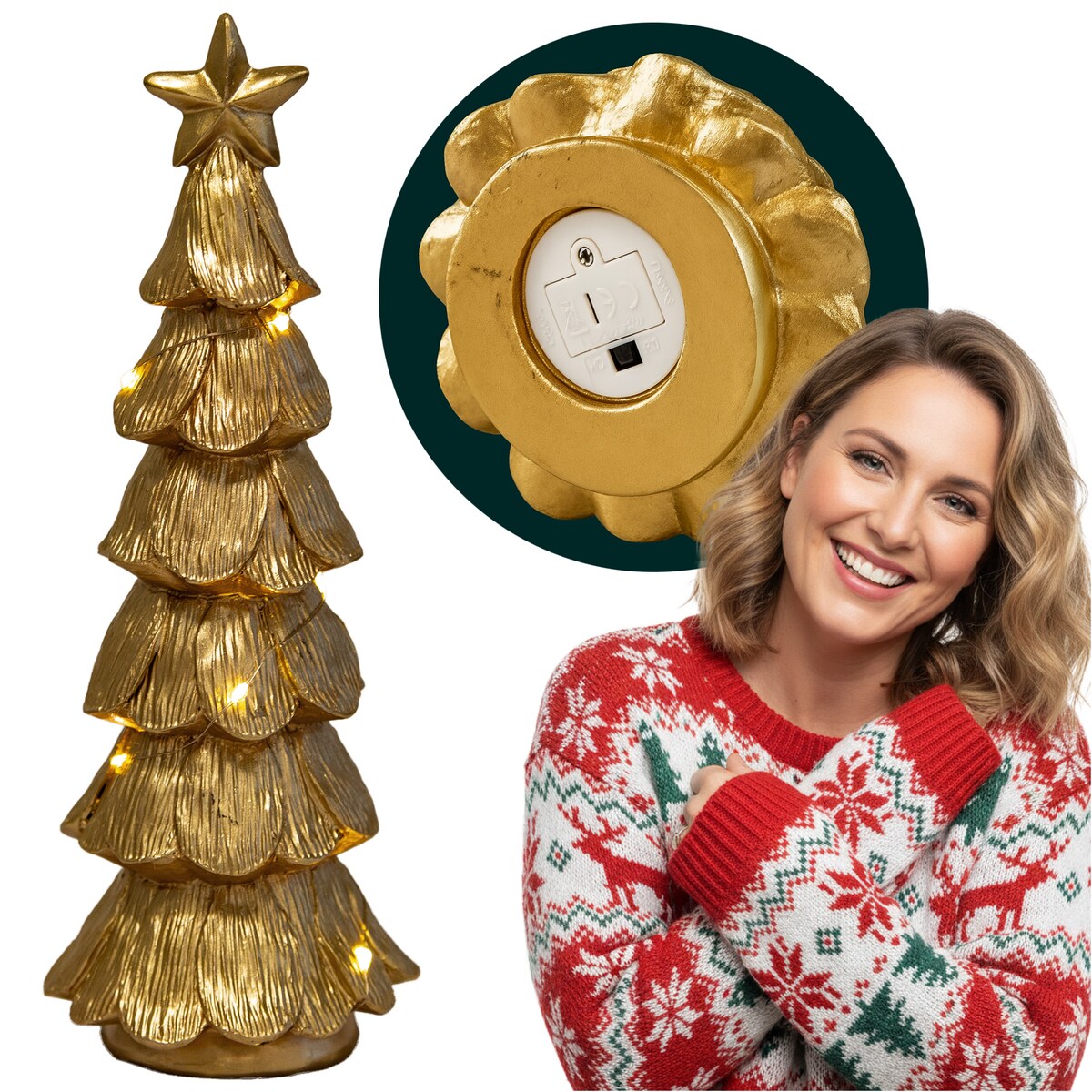 Choinka Led Złota Świecąca Figurka 28 Cm Ozdobna Dekoracja Świąteczna Na Baterie