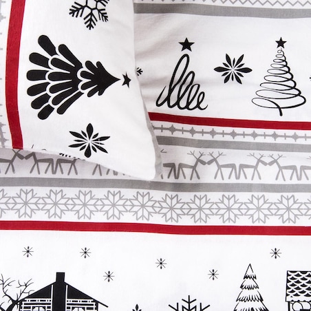 Pościel flanelowa 180x200 Selvia biała w choinki i chatki, Flanelove