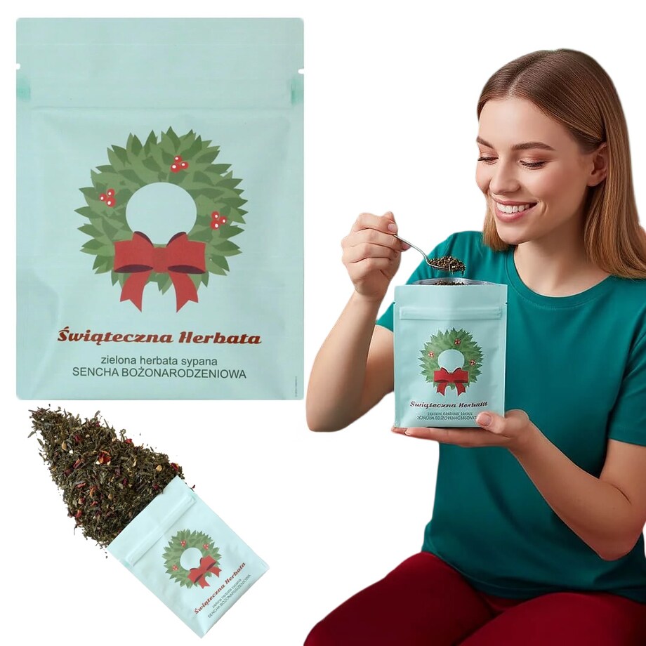 ŚWIĄTECZNA TOREBKA HERBATA ZIELONA LIŚCIASTA "BOŻONARODZENIOWA" - PREZENT UPOMINEK NA MIKOŁAJA ŚWIĘTA GWIAZDKĘ BOŻE NARODZENIE POD CHOINKĘ DLA KOBIETY FACETA