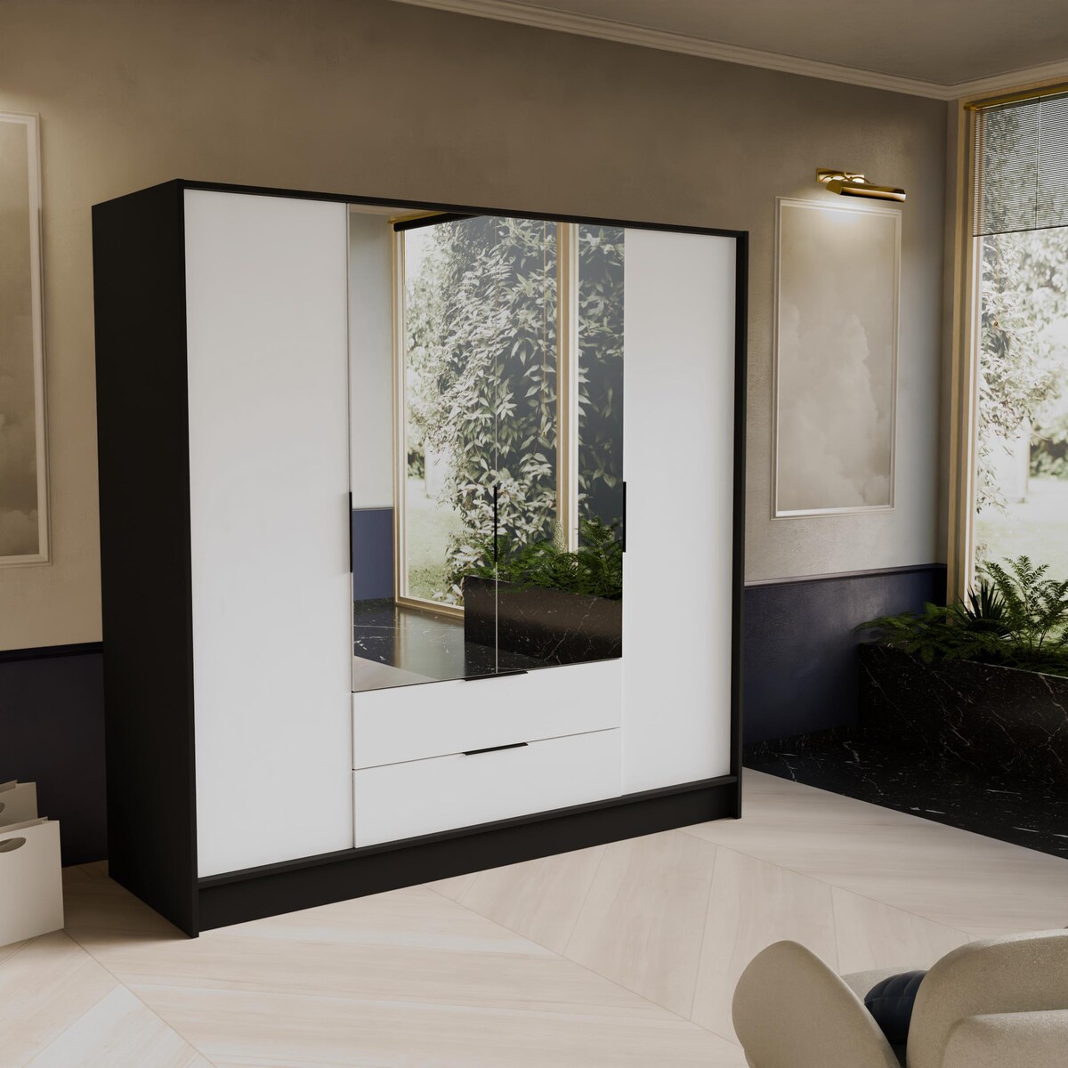 Szafa NIKOLA 200 z lustrem i regulowanymi półkami -czarna+biały front