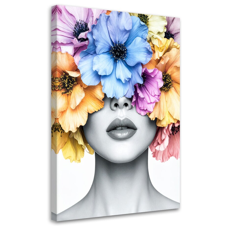 Obraz stylowy do sypialni salonu, Kobieta z kwiatami na głowie 40x60