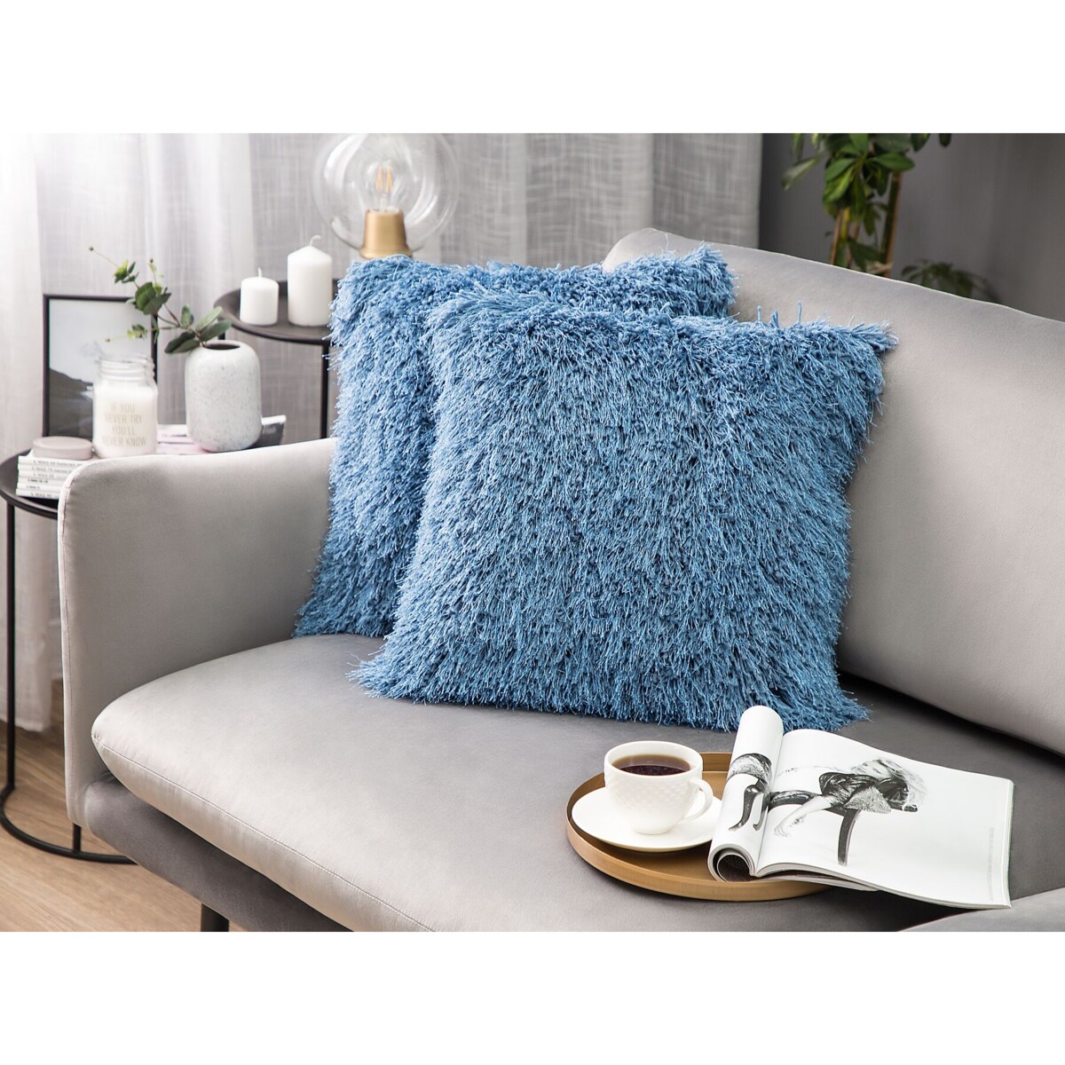 2 poduszki dekoracyjne włochacze 45 x 45 cm niebieskie CIDE