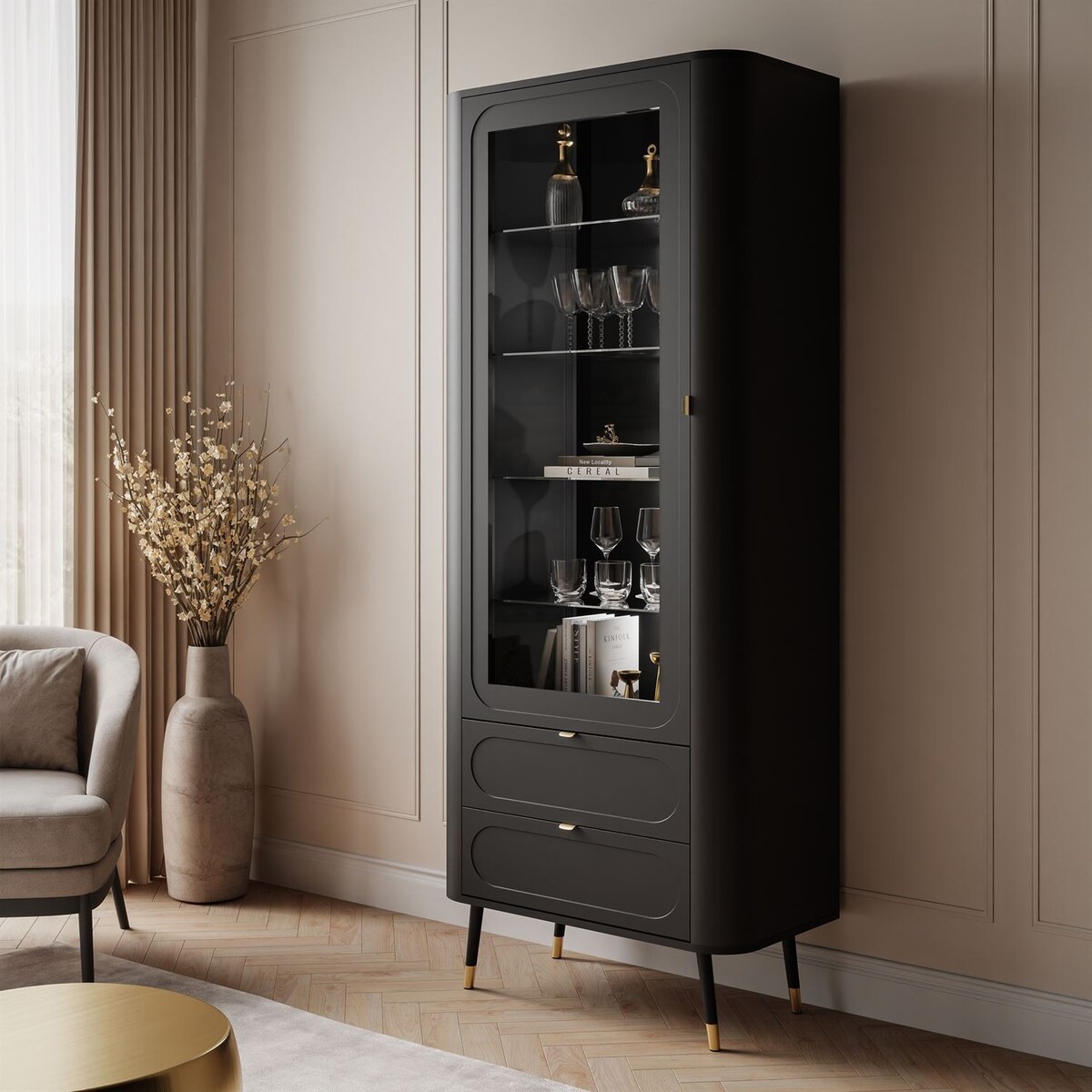 Przeszklona witryna SHADOW z półkami, czarna