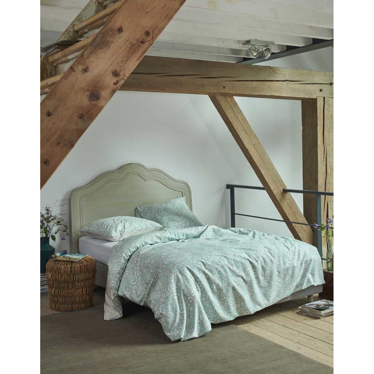 Komplet pościeli z bawełny satynowej w kolorze turkusu, poszewka ozdobna, pościel turkusowa, pościel w kwiaty, pościel Esprit, 200 x 220 cm