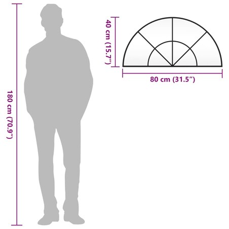 vidaXL Lustro ścienne, czarne, 80x40 cm, zakończone łukiem, żelazo