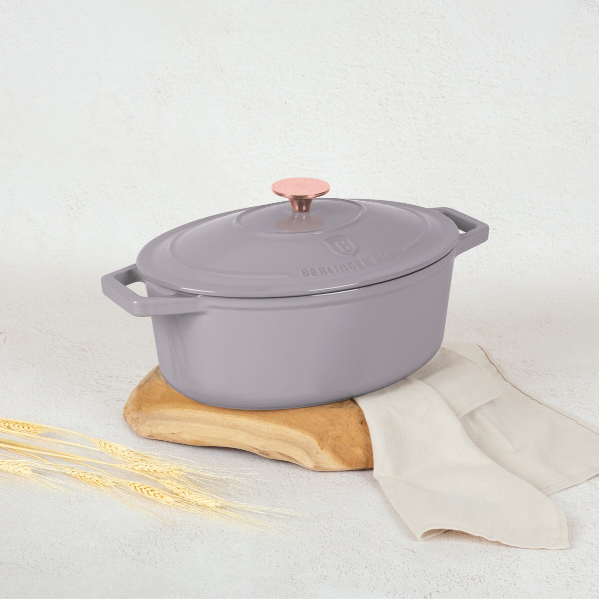 Garnek żeliwny owalny 4,65l z pokrywką 30cm Berlinger Haus Taupe BH-6541