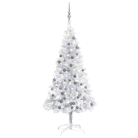 vidaXL Sztuczna choinka z lampkami i bombkami, srebrna, 120 cm, PET