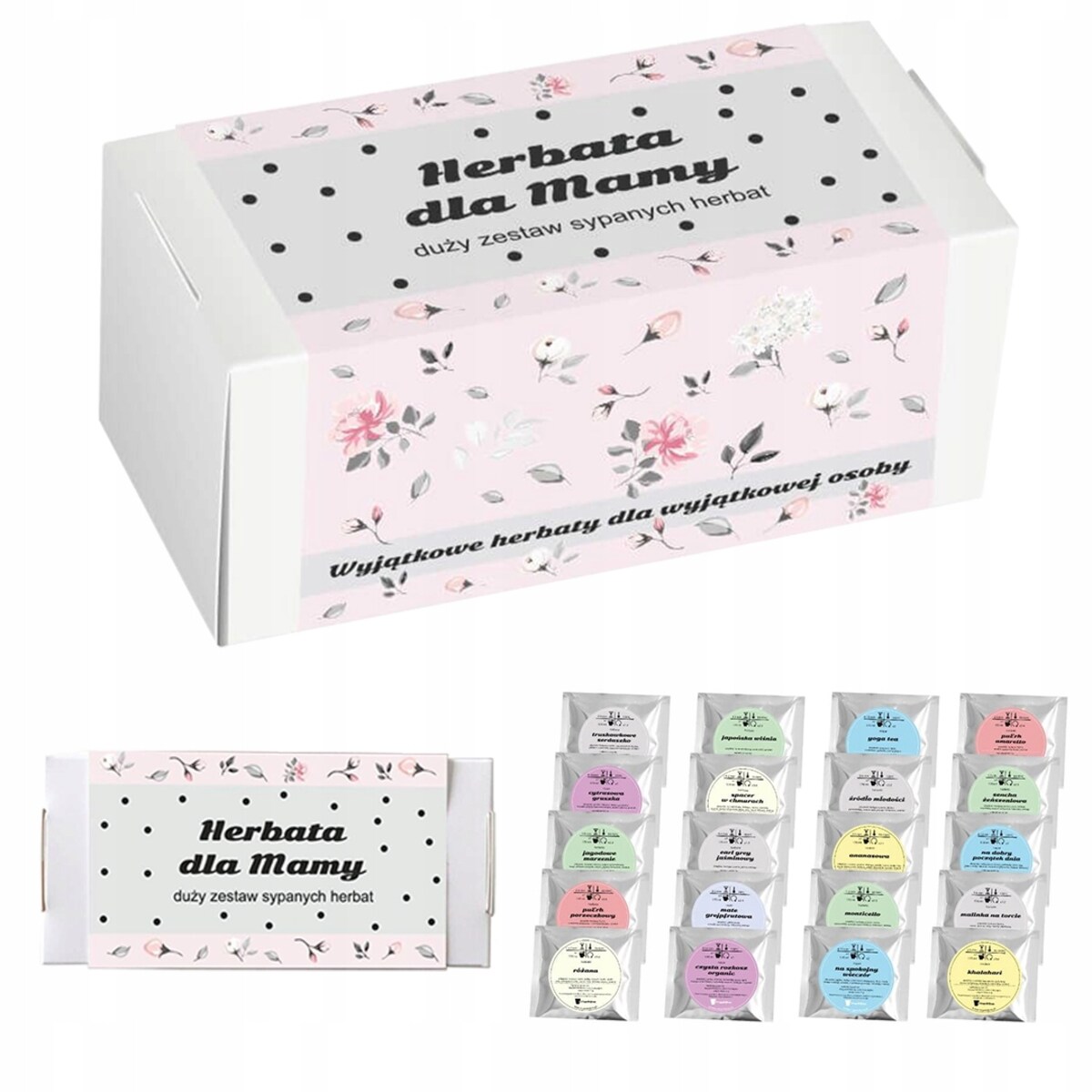 ZESTAW PREZENTOWY UPOMINKOWY BOX NA DZIEŃ MATKI URODZINY DLA MAMY TEŚCIOWEJ - MIX 20 RÓŻNYCH HERBAT SYPANYCH LIŚCIASTYCH