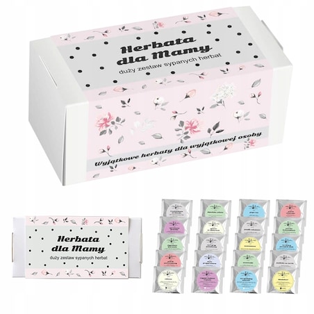 ZESTAW PREZENTOWY UPOMINKOWY BOX NA DZIEŃ MATKI URODZINY DLA MAMY TEŚCIOWEJ - MIX 20 RÓŻNYCH HERBAT SYPANYCH LIŚCIASTYCH
