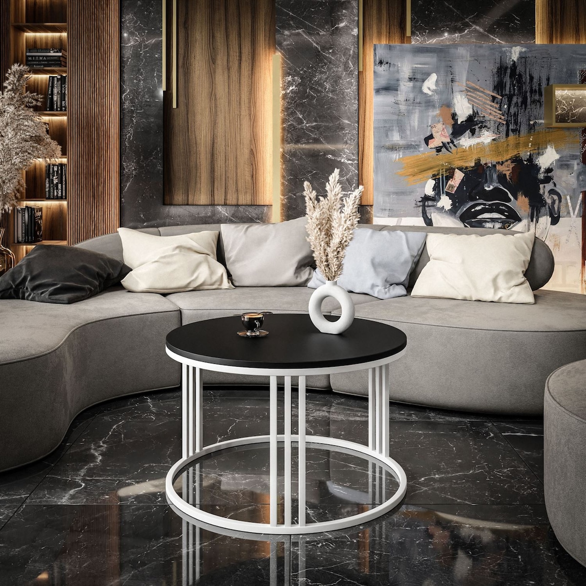 Okrągły stolik kawowy LORI biały czarny mat