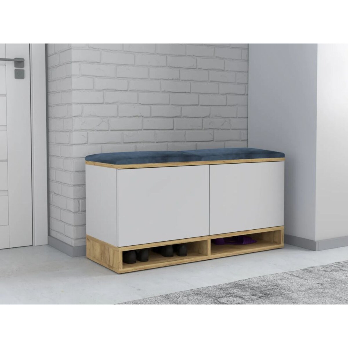 Szafka na buty z siedziskiem DUBAI biała/dąb craft/granatowa