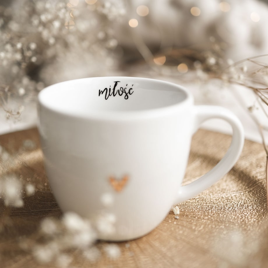 Biały kubek porcelanowy 300 ml „Miłość" ze złotym sercem - prezent na walentynki, rocznicę, zaręczyny