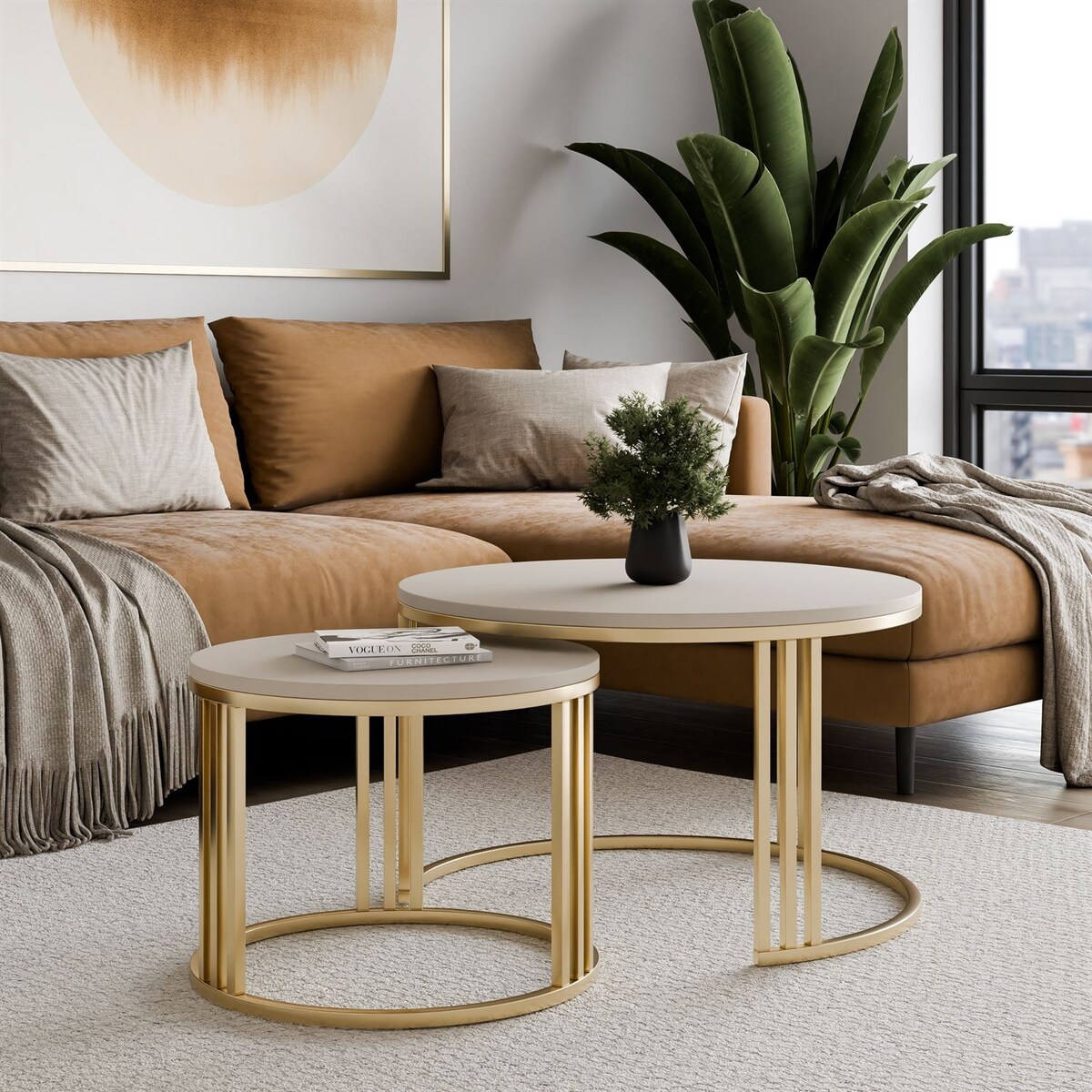 Okrągły stolik kawowy 2w1 LORI MAT złoto szczotkowane, blat kaszmir mat