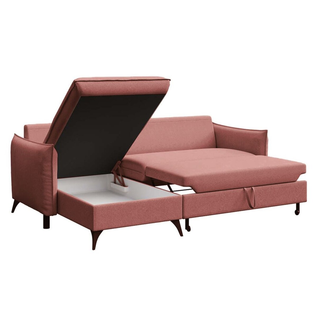 Brim Sofa narożna lewa z funkcją spania i pojemnikiem lewa różowa