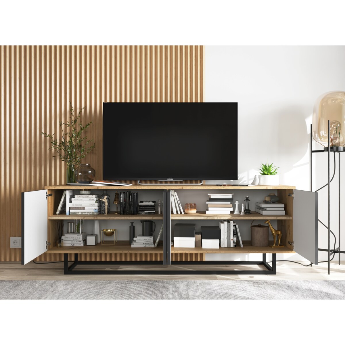 Industrialna Szafka RTV Loft Komoda RTV Dąb Wotan Czarny MAT 150 cm