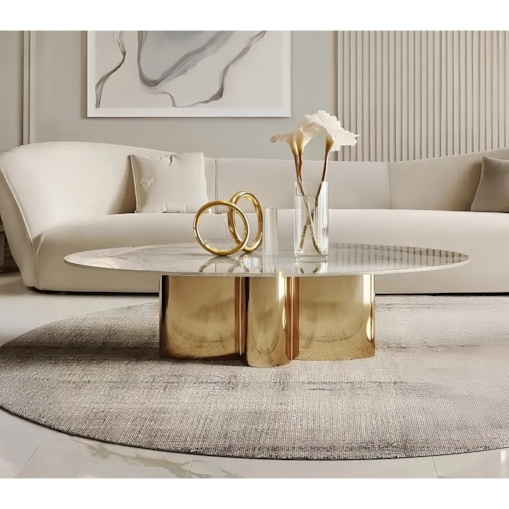 Nowoczesny złoty stolik kawowy owalny Premium Emporio z kamiennym blatem marmurkowym 130x70