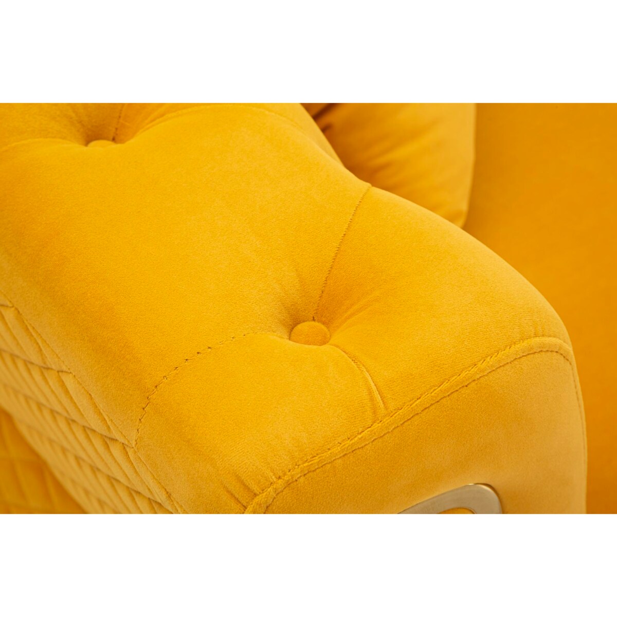 Sofa Emy, kolor musztardowy i złoty, poliester, drewno eukaliptusowe, drewno sosnowe, sklejka i metal, 162 x 83 x 76 cm, do salonu, Mauro Ferretti