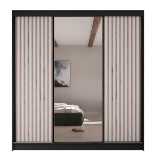 Szafa przesuwna lamele z lustrem i szufladami V200-czarna+biały front