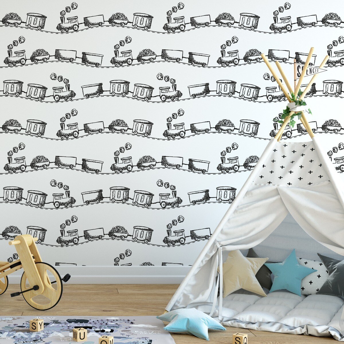 Tapeta Dziecięca Czarno-Białe KOLEJKI Pociągi Parowozy