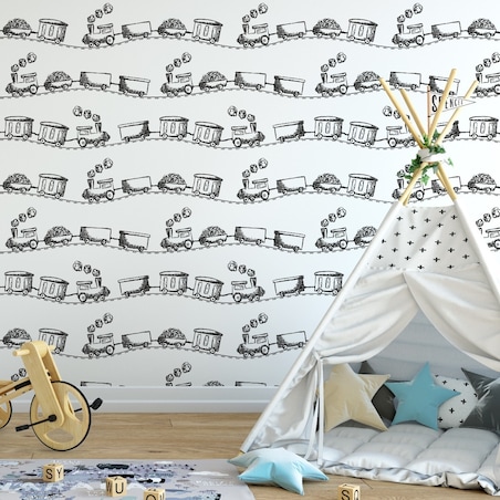 Tapeta Dziecięca Czarno-Białe KOLEJKI Pociągi Parowozy