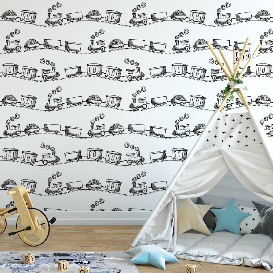 Tapeta Dziecięca Czarno-Białe KOLEJKI Pociągi Parowozy