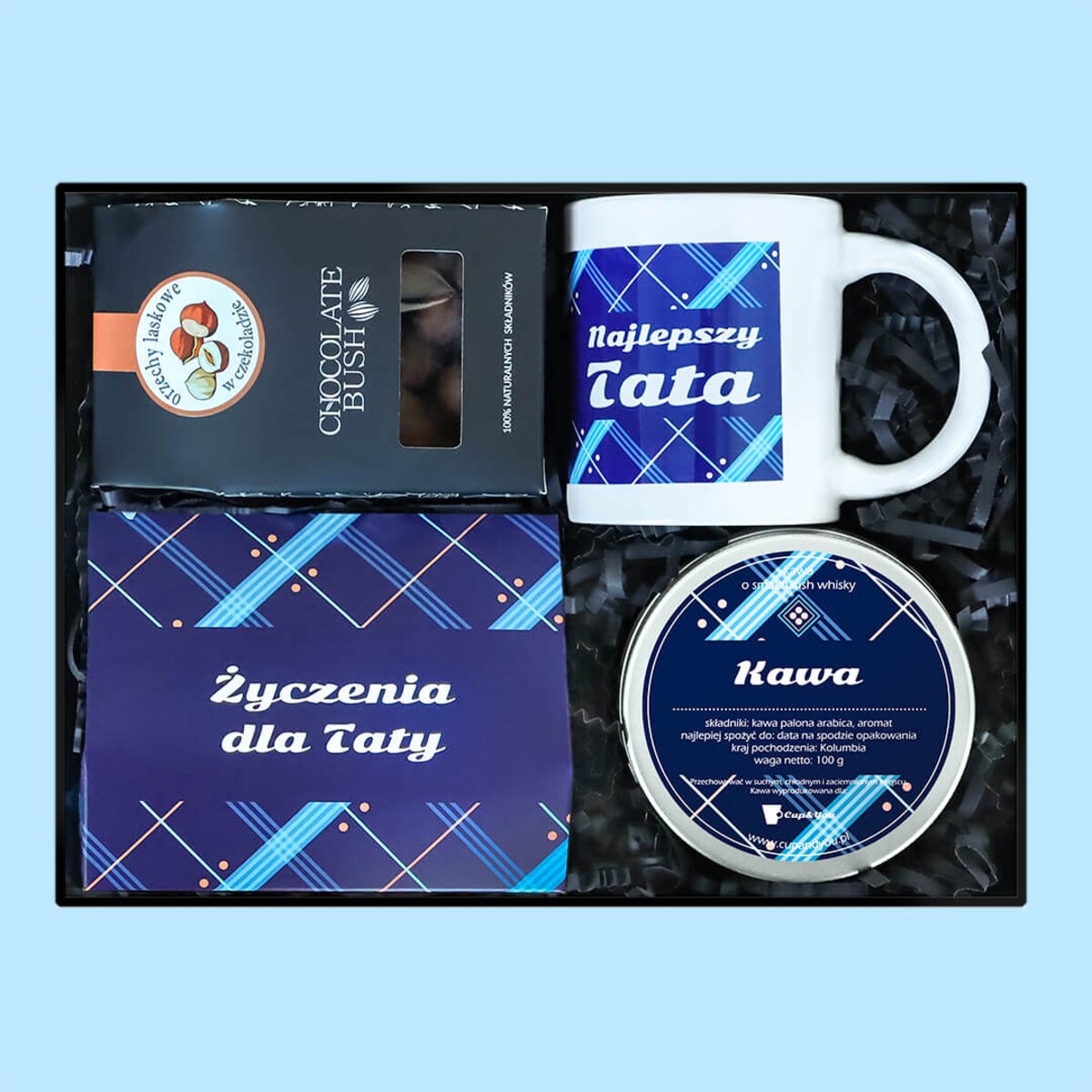 Box dla Taty z kawą, zestaw prezentowy idealny na Dzień Ojca - czekoladowa słodkość, kawa, mini zestaw z kawą, kubek, pomysł na prezent upominek na Dzień Ojca
