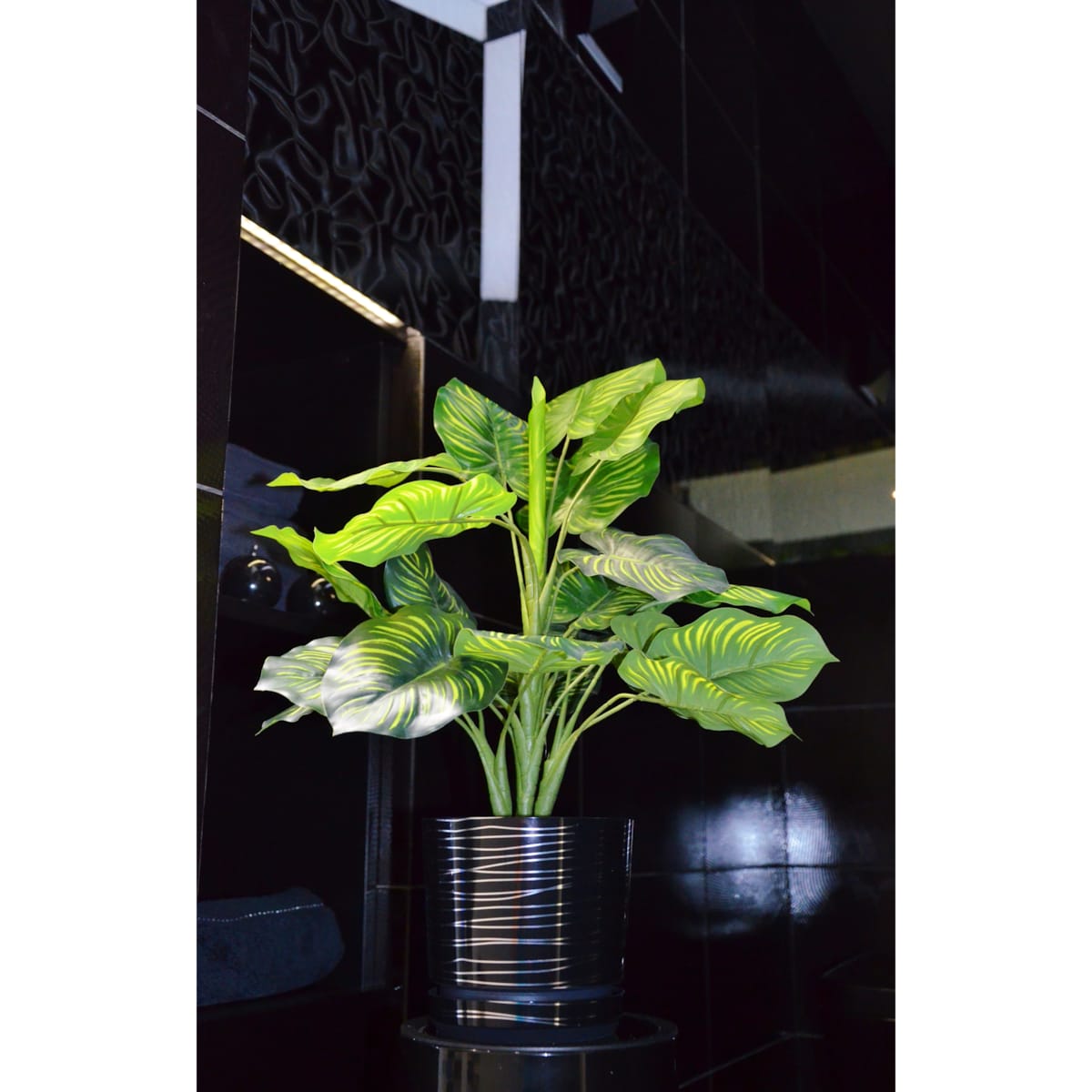 32 cm wzór CZARNA ZE SREBRNĄ NITKĄ Doniczka z podstawką glamour lustrzane srebrne paski połysk duża donica