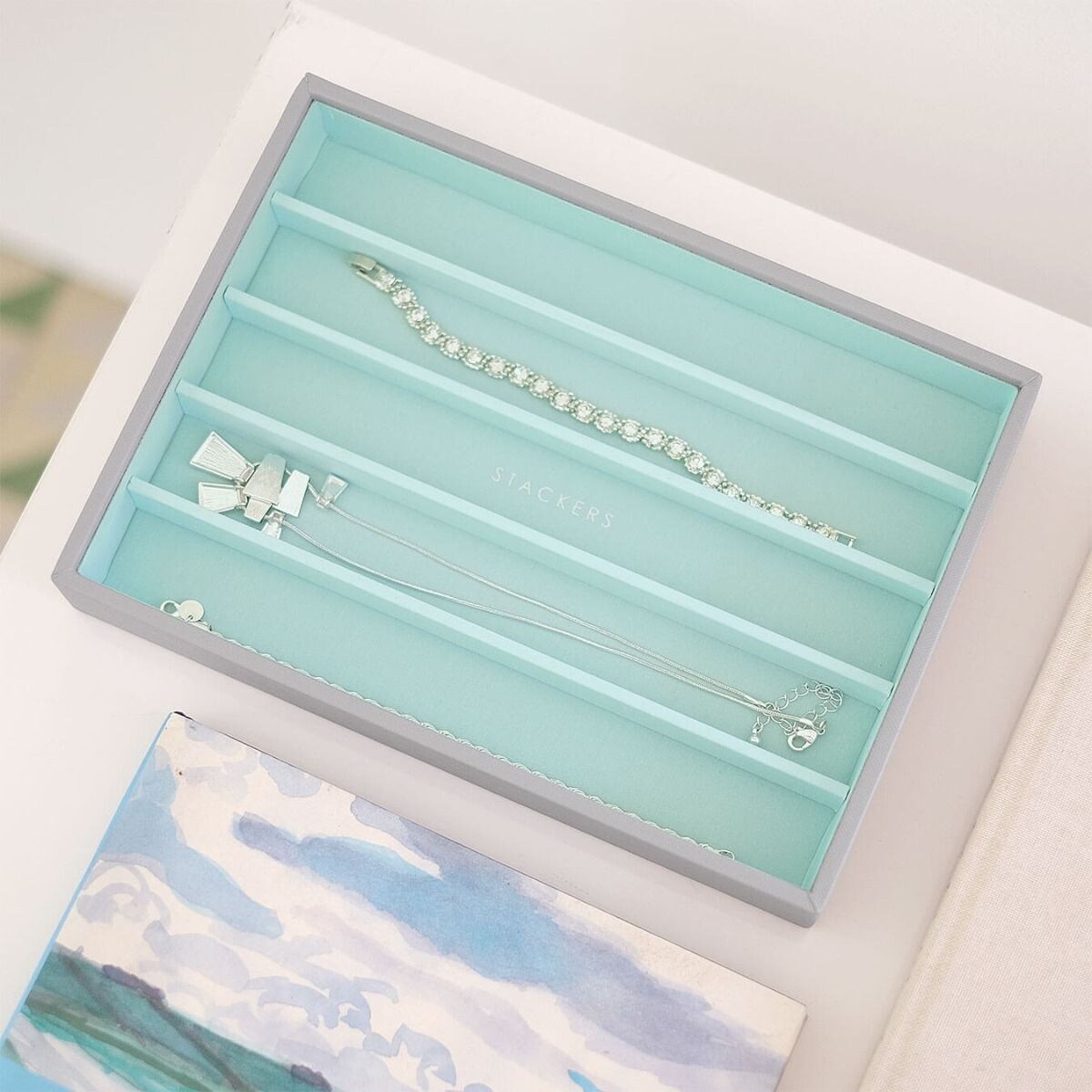 Szkatułka na biżuterię Stackers pięciokomorowa classic szaro-miętowa