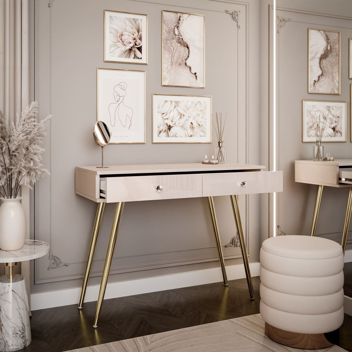 Konsola SIENNA KASZMIR na skośnych, złotych nóżkach, uchwyt biały kryształ