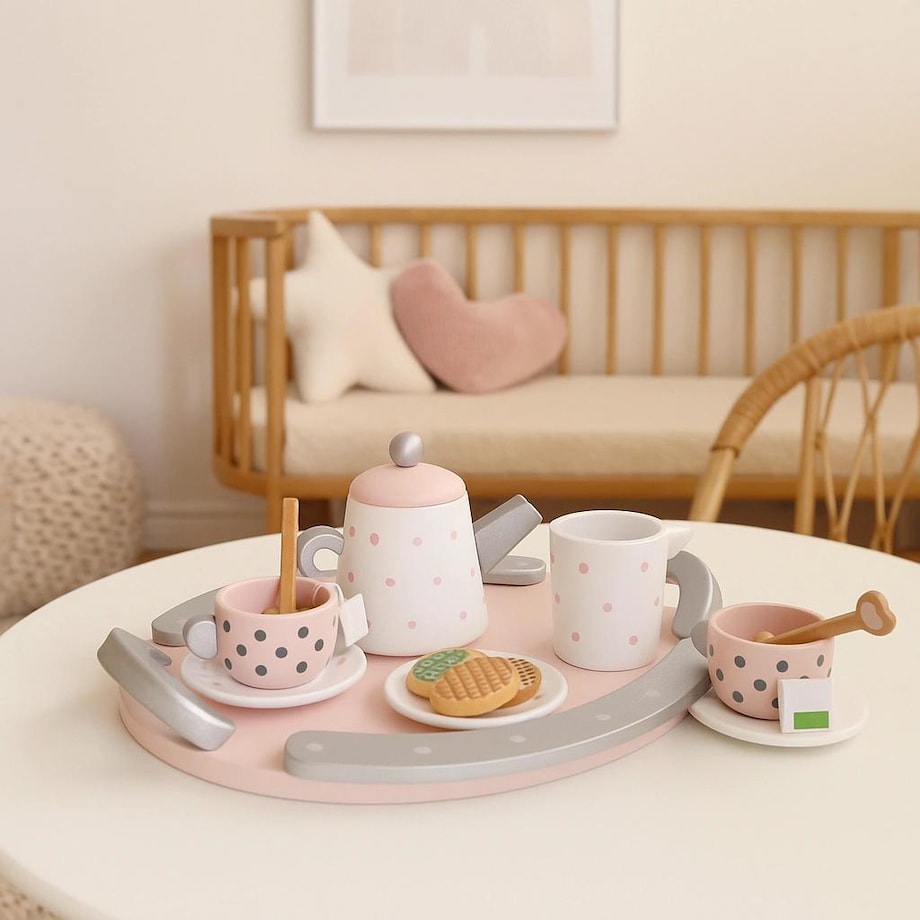 Drewniany zestaw do herbaty lub kawy dla dzieci – 15 elementów, Montessori