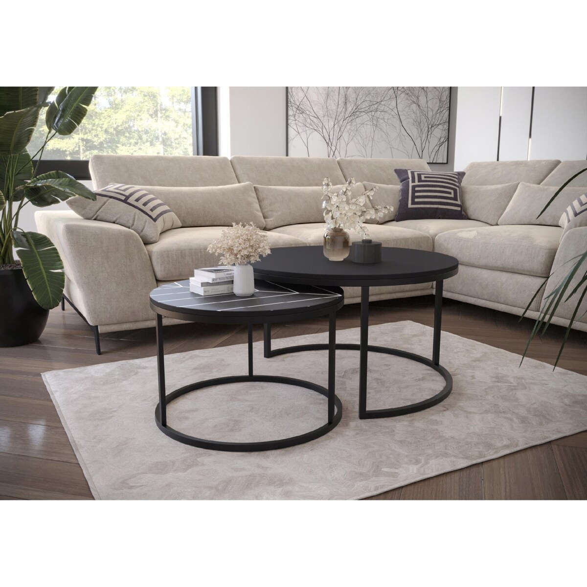 Zestaw 2 Stolików Kawowych Okrągłe LOFTOWE INDUSTRIAL Czarny PRINT 80cm