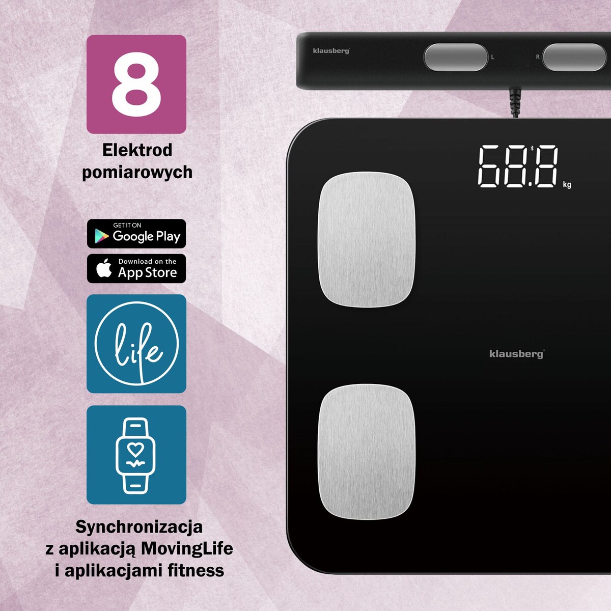 Waga łazienkowa z pomiarem tkanki tłuszczowej i składu ciała, Smart, BT,  KLAUSBERG czarna