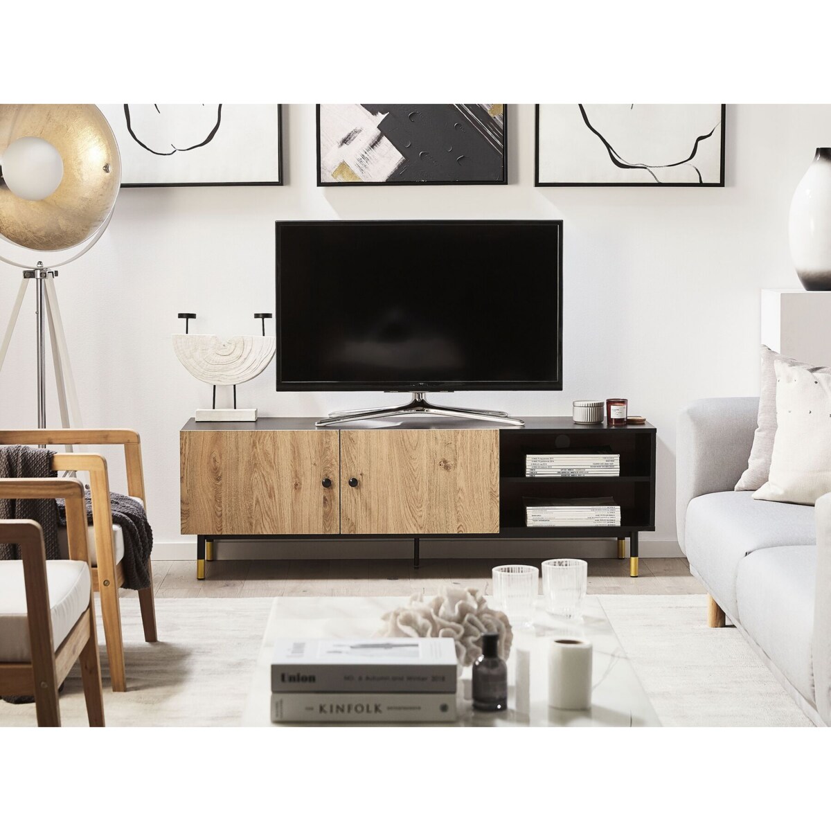 Szafka RTV czarna z jasnym drewnem ABILEN