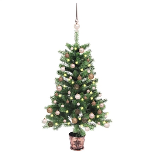 vidaXL Sztuczna choinka z lampkami i bombkami, 90 cm, zielona