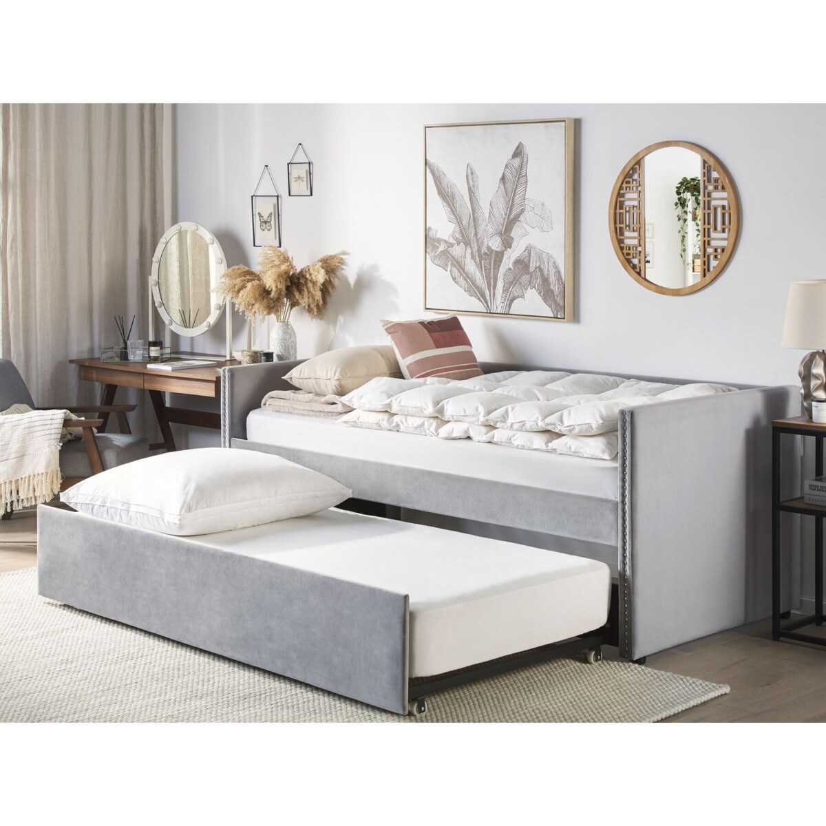 Łóżko wysuwane welurowe 90 x 200 cm jasnoszare TROYES