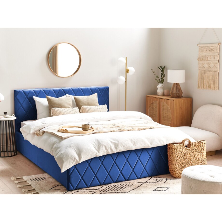 Łóżko z pojemnikiem welurowe 160 x 200 cm niebieskie ROCHEFORT