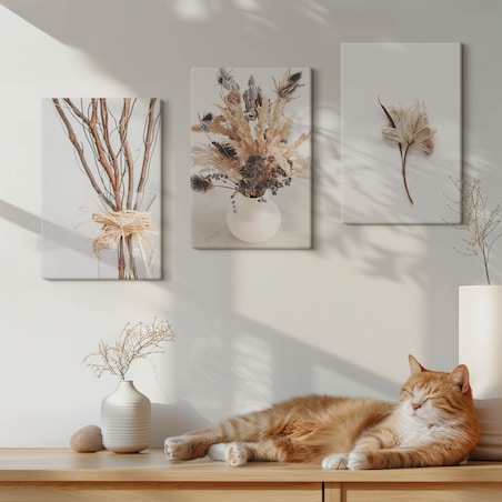 Zestaw 3 małych obrazów na płótnie - Kwiaty gałęzie minimalistycznie - beżowy