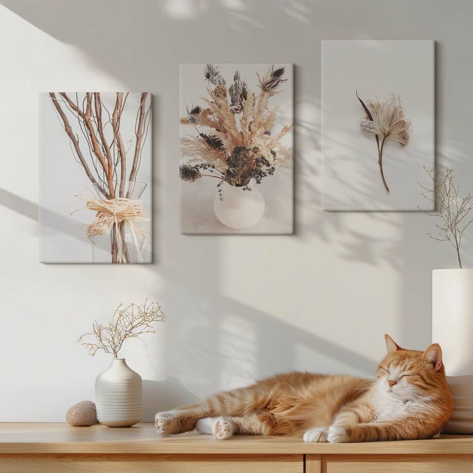 Zestaw 3 małych obrazów na płótnie - Kwiaty gałęzie minimalistycznie - beżowy