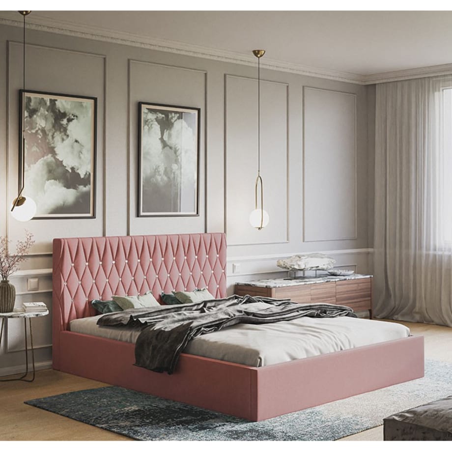 Łóżko sypialniane 160x200 z pojemnikiem, tapicerowane, pikowane- różowe