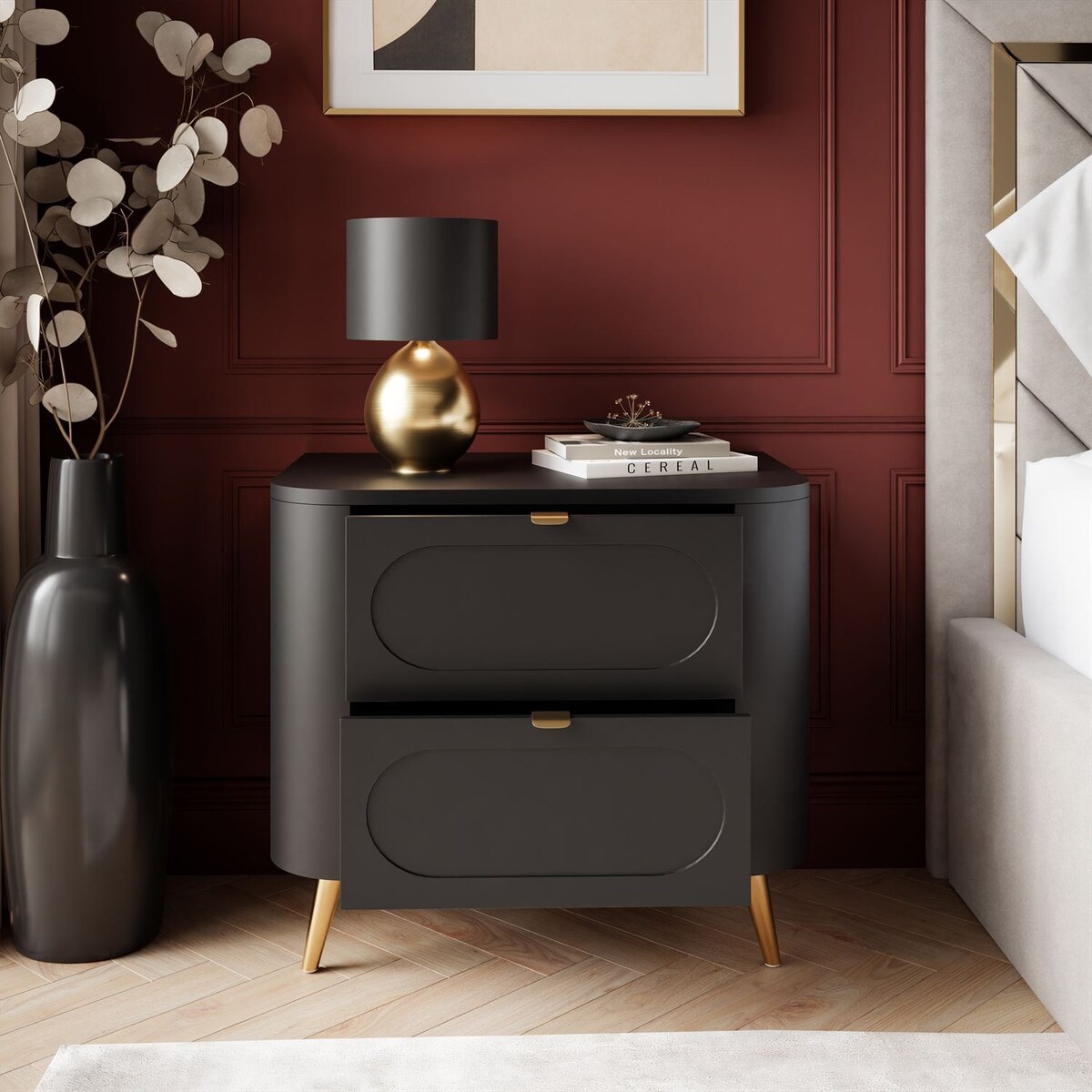 Szafka nocna SHADOW II 2S - czarna MDF, 2 szuflady, złote uchwyty