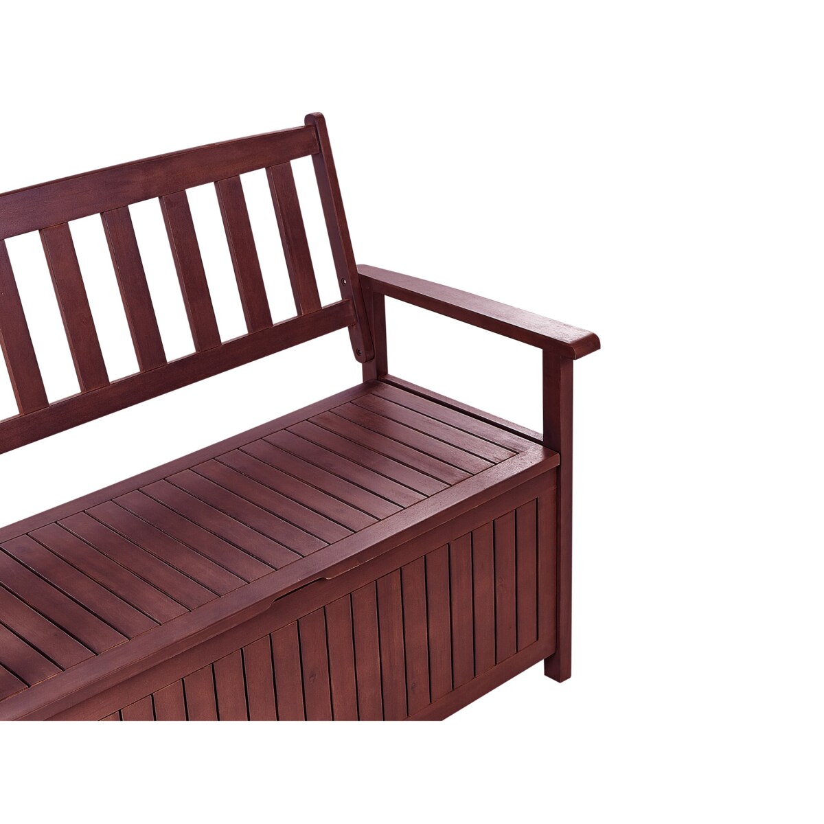 Ławka ogrodowa ze schowkiem 120 cm drewniana mahoniowy brąz z poduszką białą SOVANA